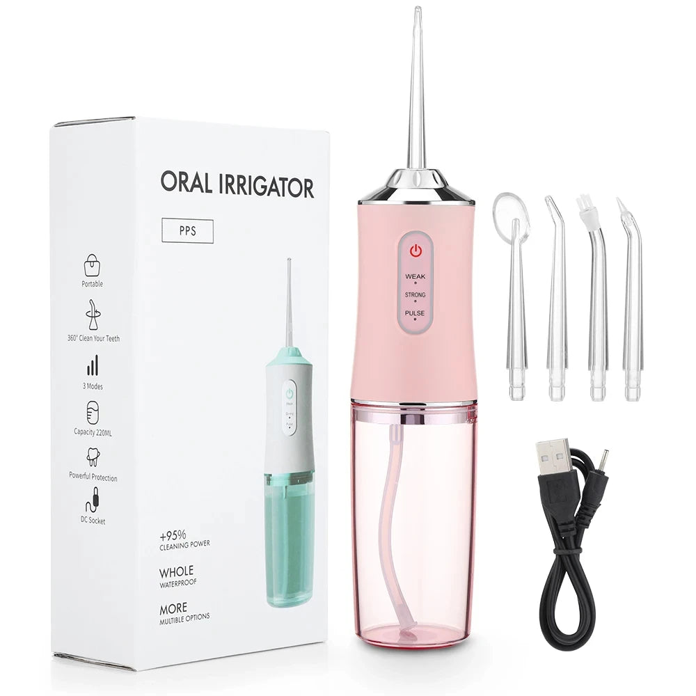 Oral Irrigator Portable Dental Water Flosser USB Rechargeable Water Jet Floss Tooth Pick 4 Jet Tip 220ml 3 Modes Teeth Cleaner 
