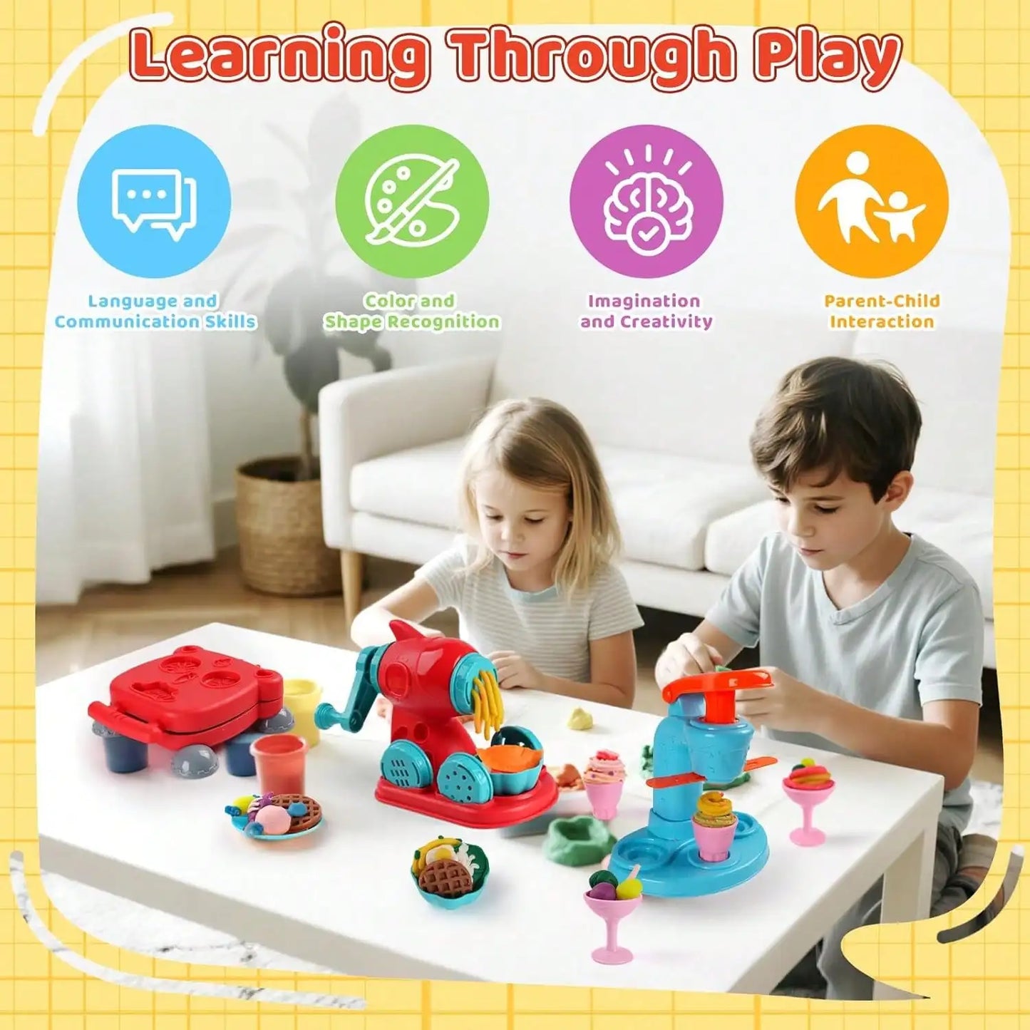 Children's Day Best Gift 3-in-1 Color Dough Kitchen Set for Kids 3-8, 24 Colors with Ice Cream/Noodle/Hamburger Makers, Food Modeling Pretend Play Toy fo