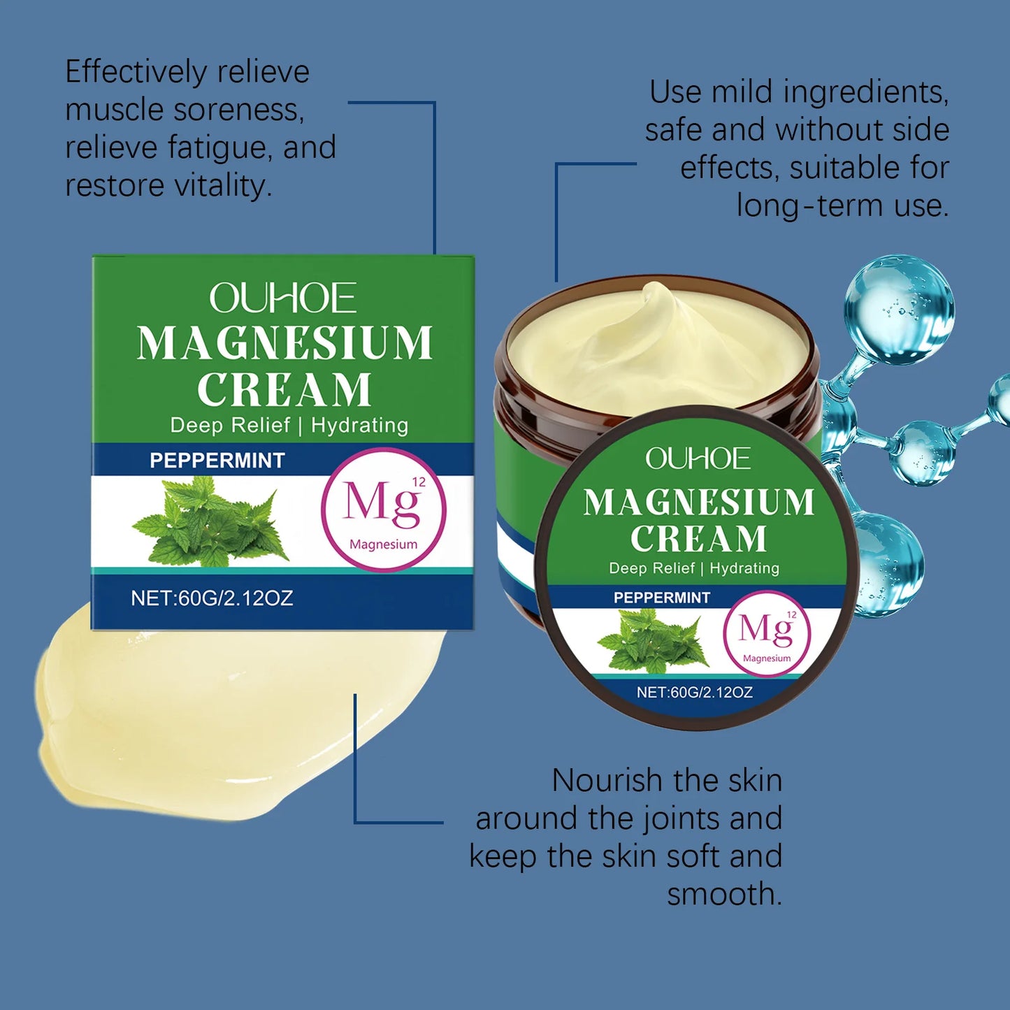 OUHOE 60g Mint Body Soothing Magnesium Cream Relieves Wrist and Knee Discomfort With Mild Ingredients and Stable Sleep Care