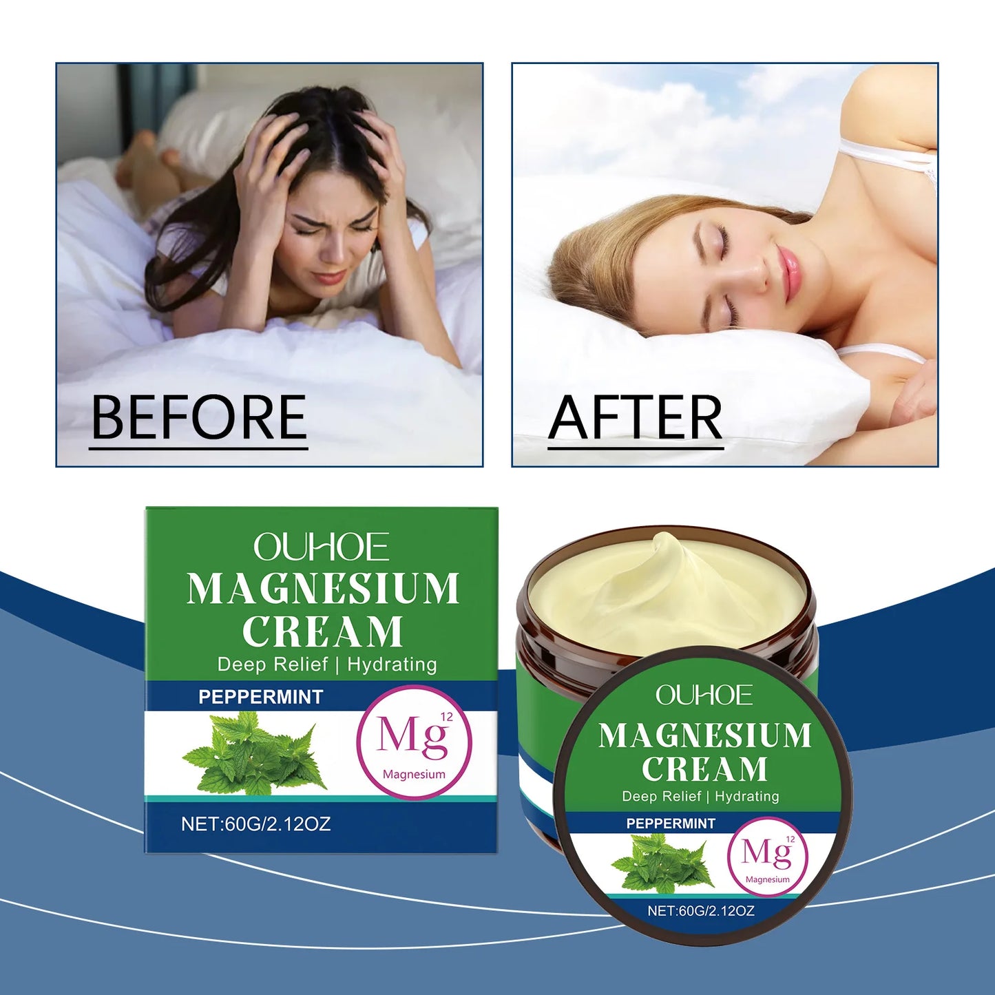 OUHOE 60g Mint Body Soothing Magnesium Cream Relieves Wrist and Knee Discomfort With Mild Ingredients and Stable Sleep Care