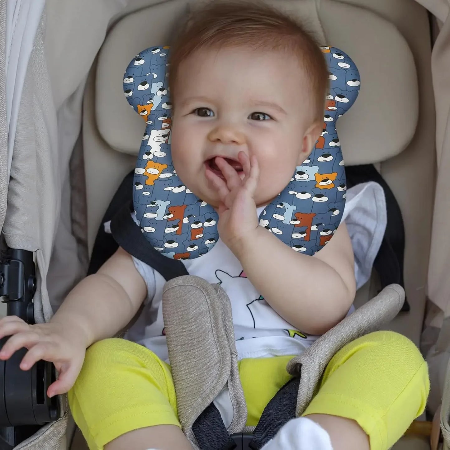 Soft Baby Travel Pillow for Car Seat and Stroller, Skin-Friendly Cotton Cushion for Kids 1-4 Years (Blue Bear)