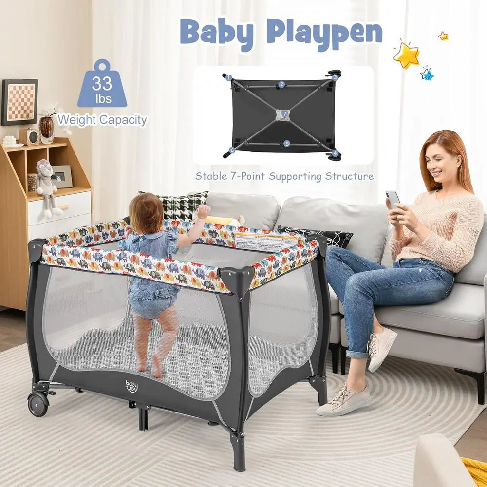 4 in 1 Pack and Play, Portable Baby Playard with Bassinet, Adjustable , Changing Table, Lockable Wheels, Music Box, Travel Baby