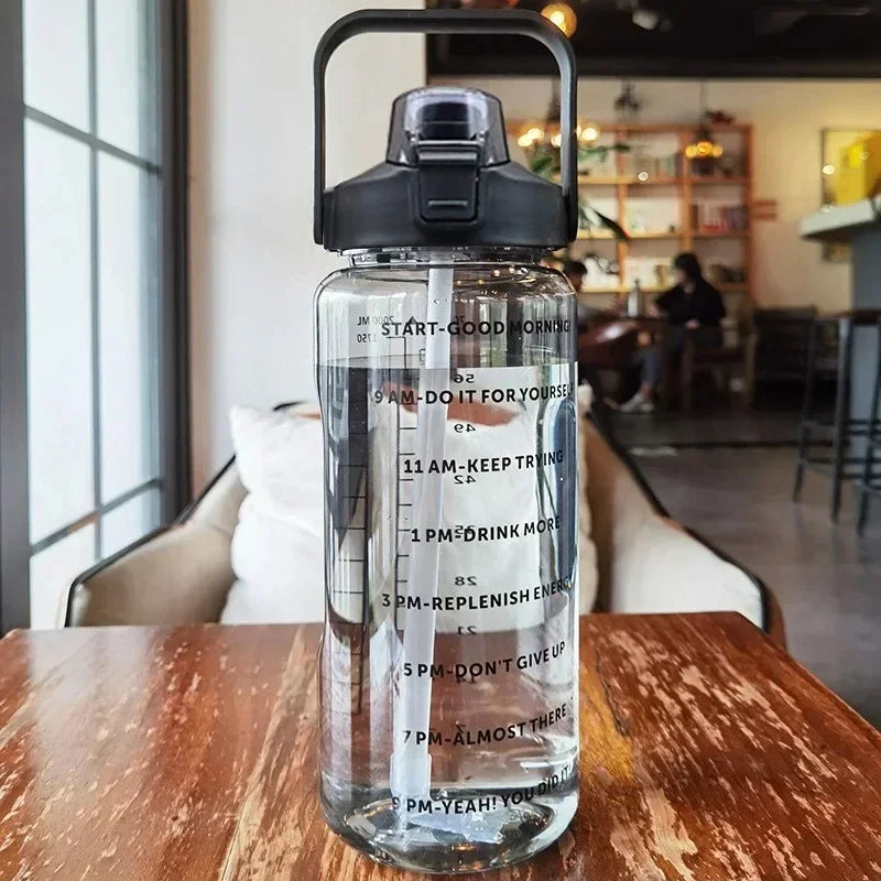 1pc Portable 2L Water Bottle Large Capacity Plastic Straw Water Cup Drink Bottle With Time Marker For Outdoor Sports Fitness