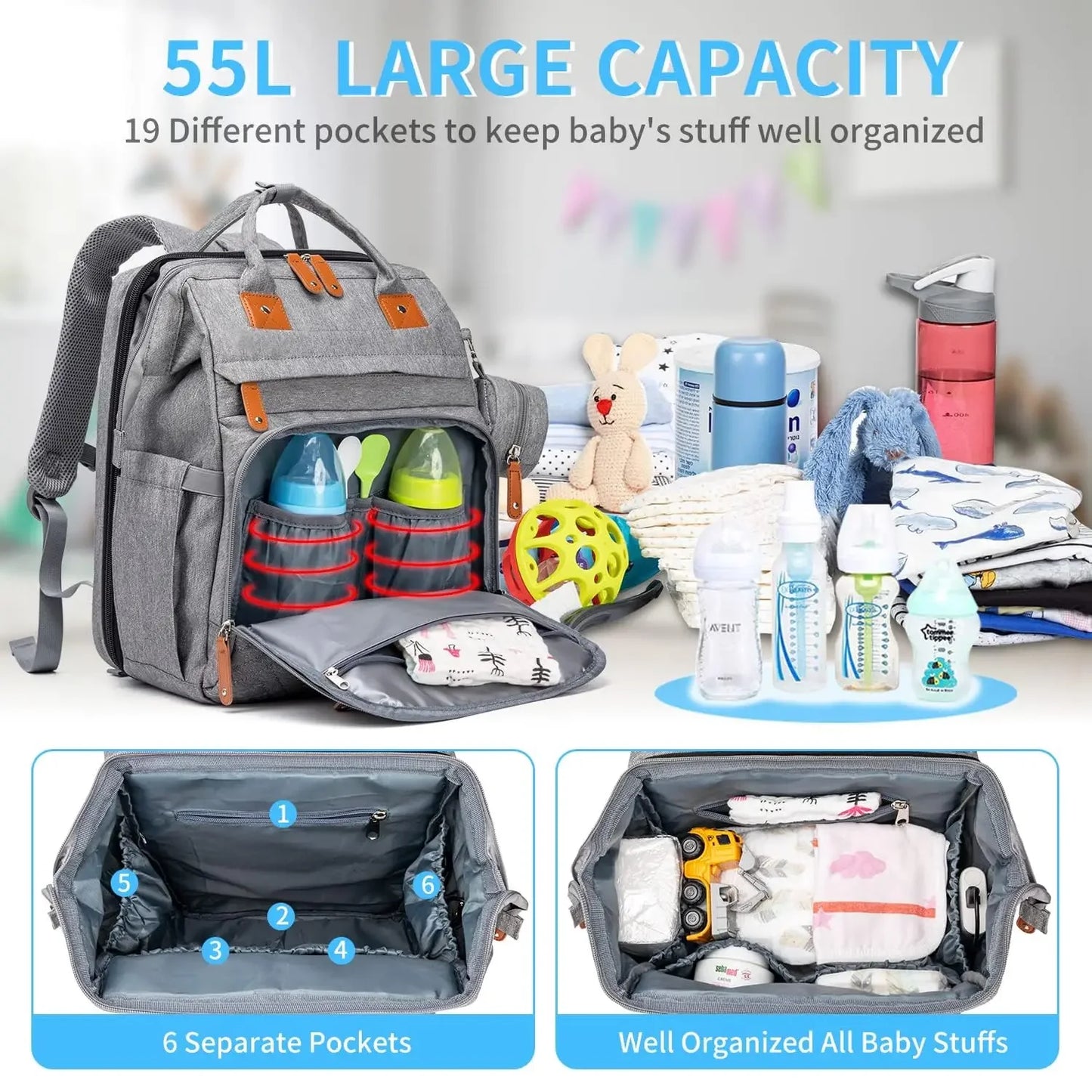 Kabaqoo 55L Multifunctional Bed Diaper Backpacks Baby Girl Boy Nappy Changing Bag Large Capacity Folding Crib Nursing Mommy Bag For Travel