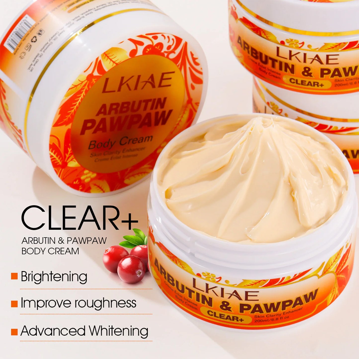 LKIAE Natural Papaya Lightening Body Cream, Moisturizing, Smooth Skin, Reduce Dark Spots, Clean Skin With Arbutin, 200ml/6.8 oz