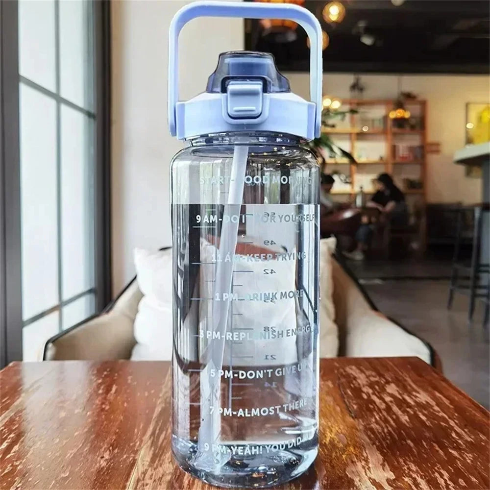 1pc Portable 2L Water Bottle Large Capacity Plastic Straw Water Cup Drink Bottle With Time Marker For Outdoor Sports Fitness