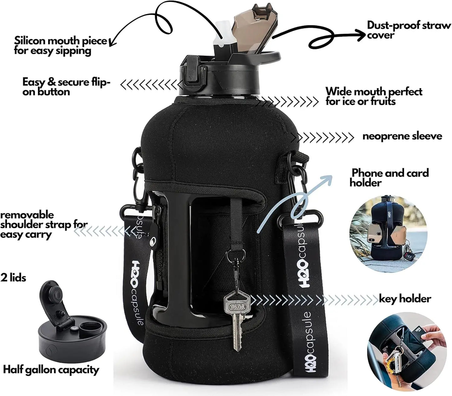 Half Gallon Water Bottle 2.2L with Storage Sleeve and Covered Straw Lid – BPA Free Reusable Sports Jug for Gym