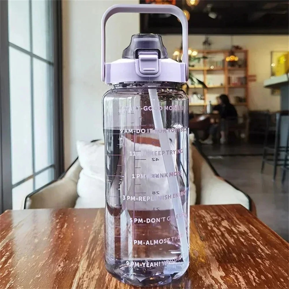 1pc Portable 2L Water Bottle Large Capacity Plastic Straw Water Cup Drink Bottle With Time Marker For Outdoor Sports Fitness