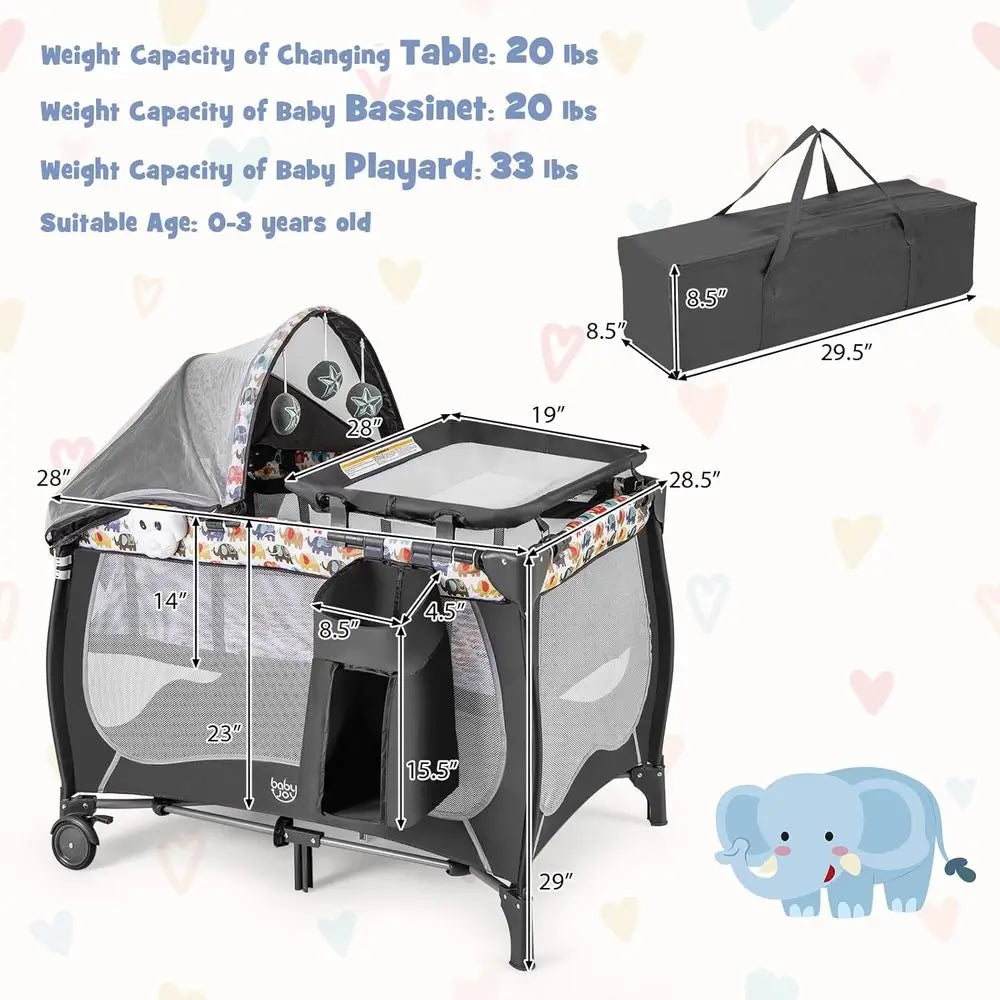 4 in 1 Pack and Play, Portable Baby Playard with Bassinet, Adjustable , Changing Table, Lockable Wheels, Music Box, Travel Baby