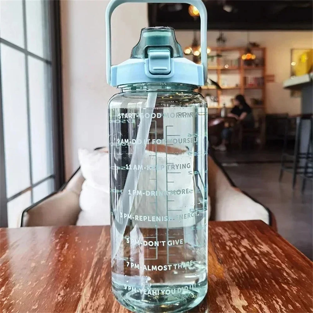 1pc Portable 2L Water Bottle Large Capacity Plastic Straw Water Cup Drink Bottle With Time Marker For Outdoor Sports Fitness