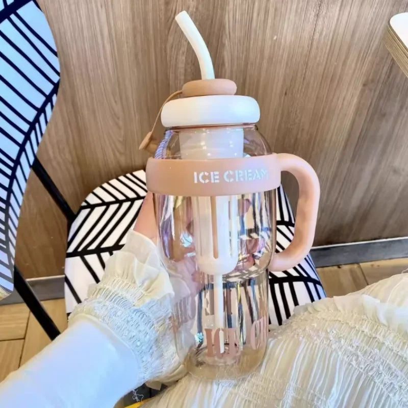 1200ML Sports Water Bottles Summer Plastic Cup Milky Tea Cups Large Capacity Cute Belly Iced Straw Cup Outdoor Travel Kettle