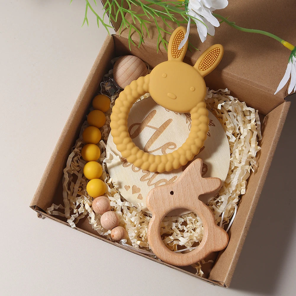 New Born Baby Gift Set Silicone Bunny Teether Wooden Bunny Rattle Photography Props