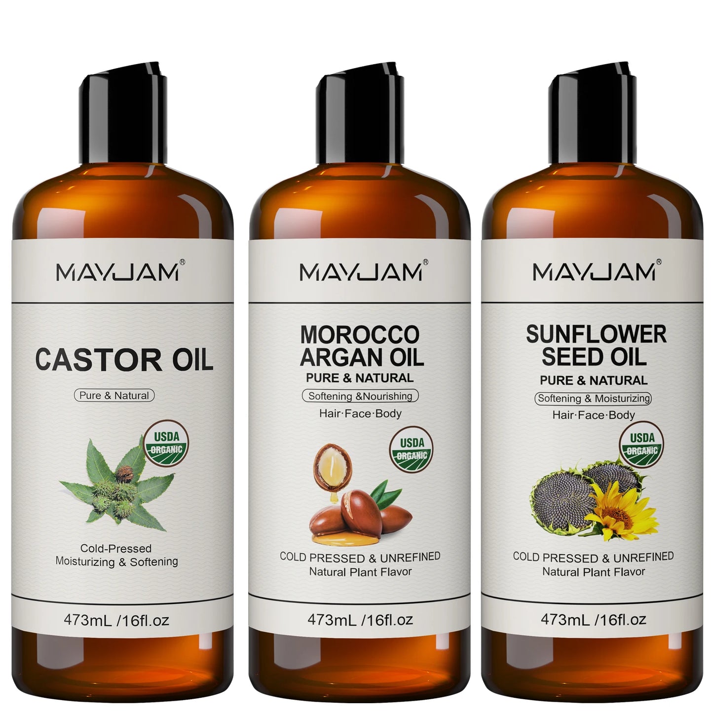 USDA Organic Sunflower Seed for Skin & Hair Cold-Pressed Pure Natural Sweet Almond Moroccan Argan Massage Oil Moisturizing