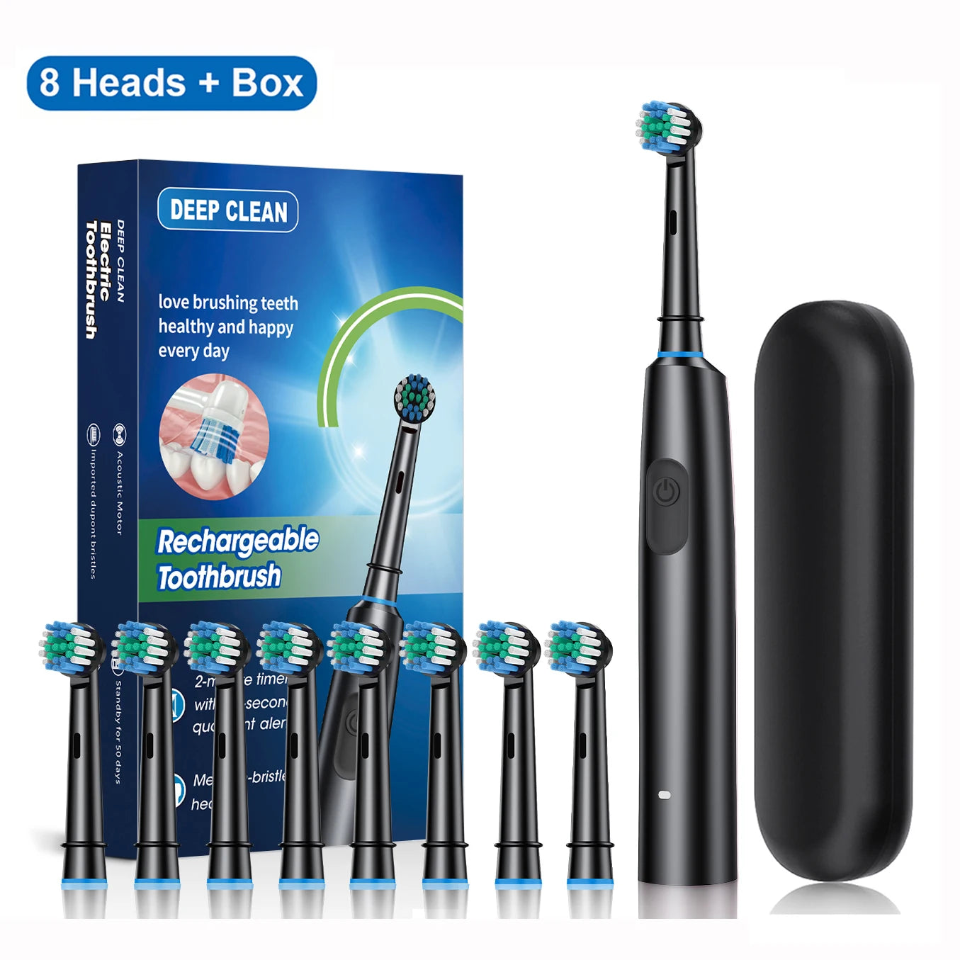 Electric Rotating Toothbrush Deep Clean Whitening Teeth for Adult Ultrasonic Toothbrush with 4/8pcs Refill Replacement Heads
