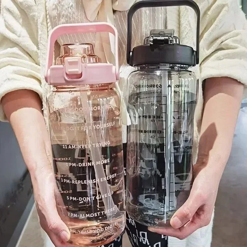 1pc Portable 2L Water Bottle Large Capacity Plastic Straw Water Cup Drink Bottle With Time Marker For Outdoor Sports Fitness
