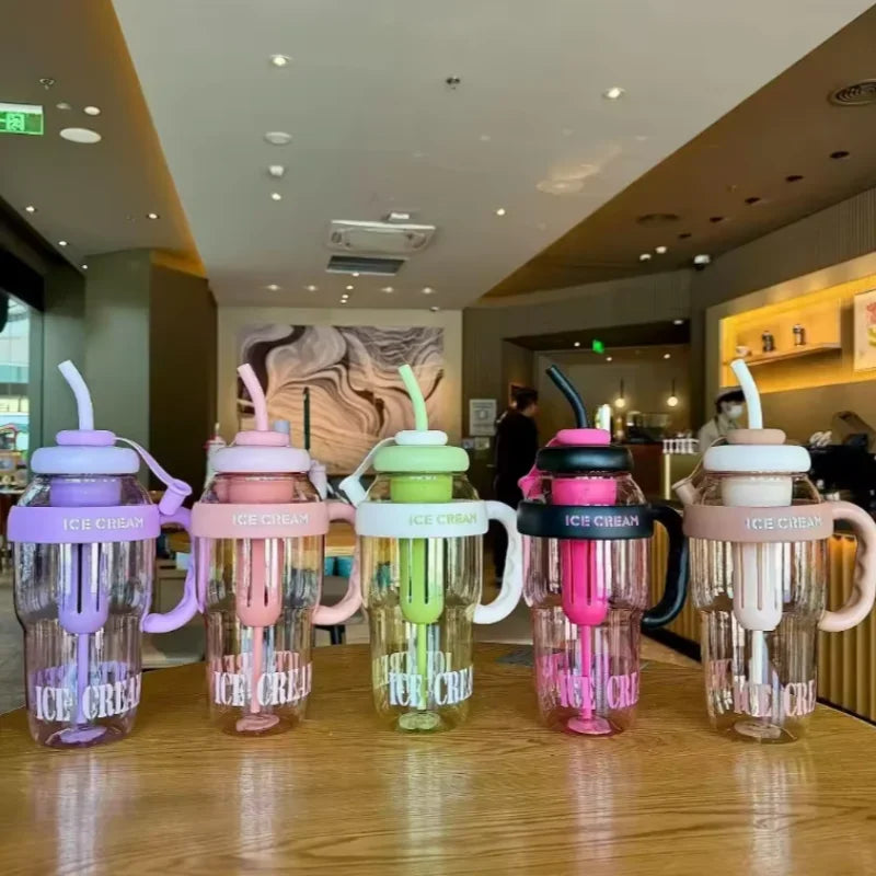 1200ML Sports Water Bottles Summer Plastic Cup Milky Tea Cups Large Capacity Cute Belly Iced Straw Cup Outdoor Travel Kettle