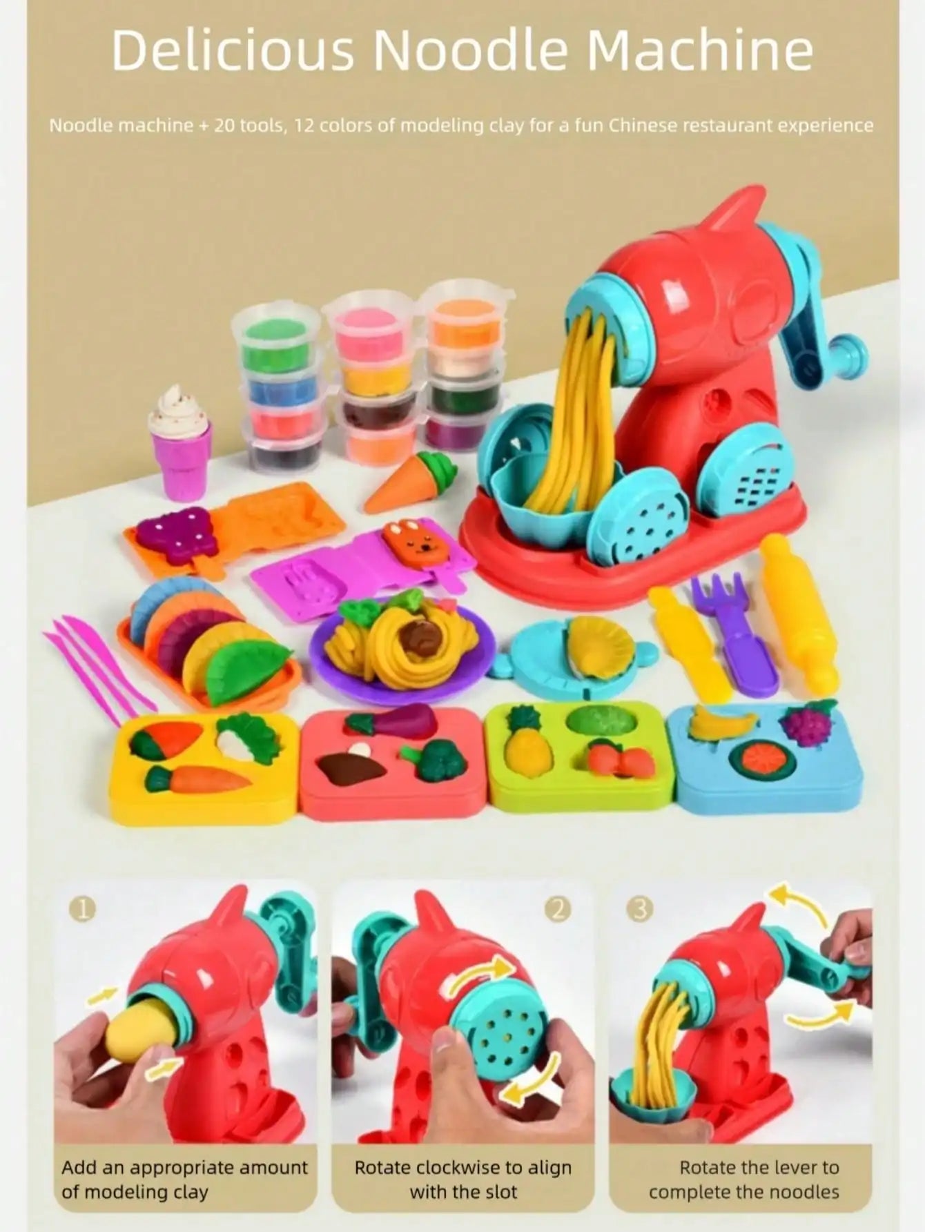 Children's Day Best Gift 3-in-1 Color Dough Kitchen Set for Kids 3-8, 24 Colors with Ice Cream/Noodle/Hamburger Makers, Food Modeling Pretend Play Toy fo