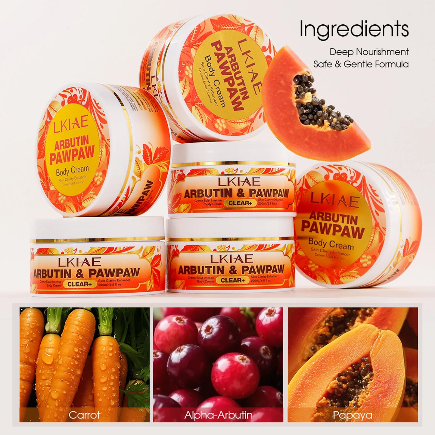 LKIAE Natural Papaya Lightening Body Cream, Moisturizing, Smooth Skin, Reduce Dark Spots, Clean Skin With Arbutin, 200ml/6.8 oz