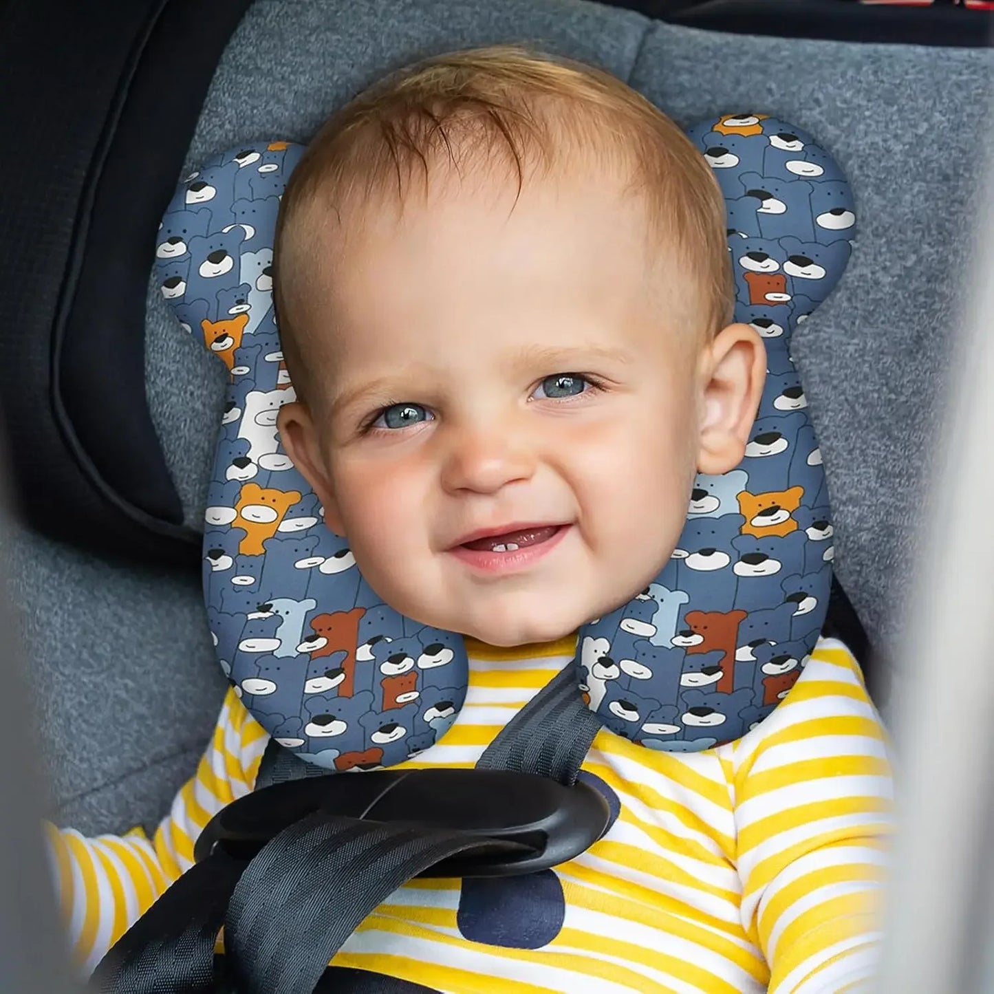 Soft Baby Travel Pillow for Car Seat and Stroller, Skin-Friendly Cotton Cushion for Kids 1-4 Years (Blue Bear)