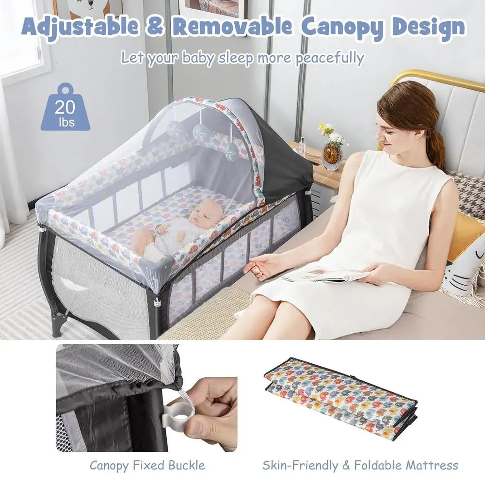 4 in 1 Pack and Play, Portable Baby Playard with Bassinet, Adjustable , Changing Table, Lockable Wheels, Music Box, Travel Baby