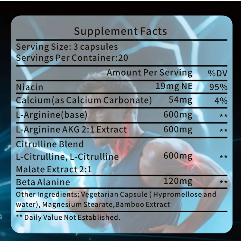 Nitric Oxide Booster Capsules with L-Arginine & L-Citrulline - Supports Blood Flow, Energy, Endurance & Muscle Pumps, 120 Count