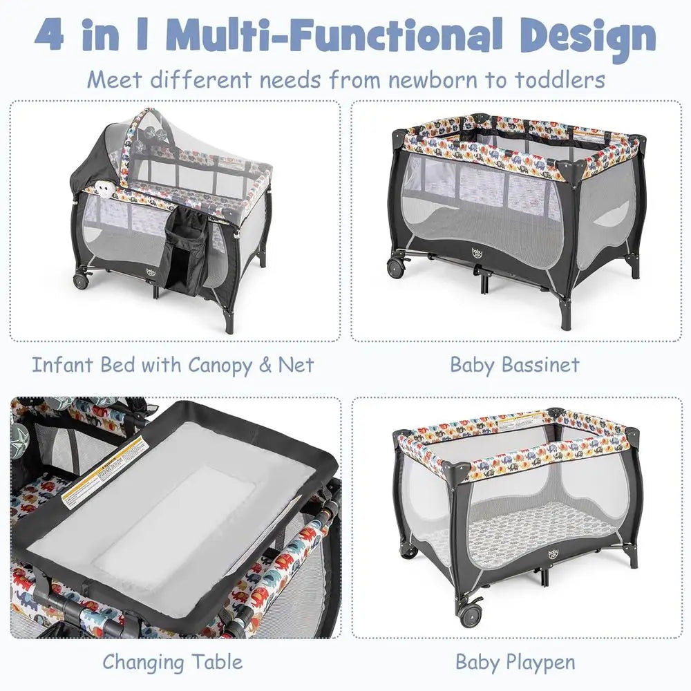 4 in 1 Pack and Play, Portable Baby Playard with Bassinet, Adjustable , Changing Table, Lockable Wheels, Music Box, Travel Baby