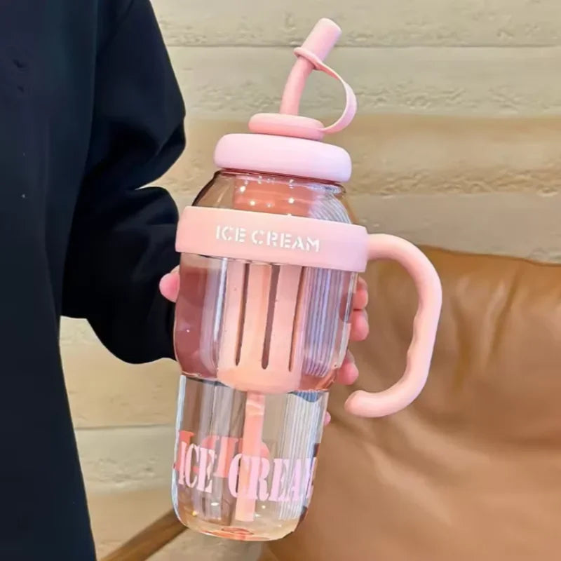 1200ML Sports Water Bottles Summer Plastic Cup Milky Tea Cups Large Capacity Cute Belly Iced Straw Cup Outdoor Travel Kettle