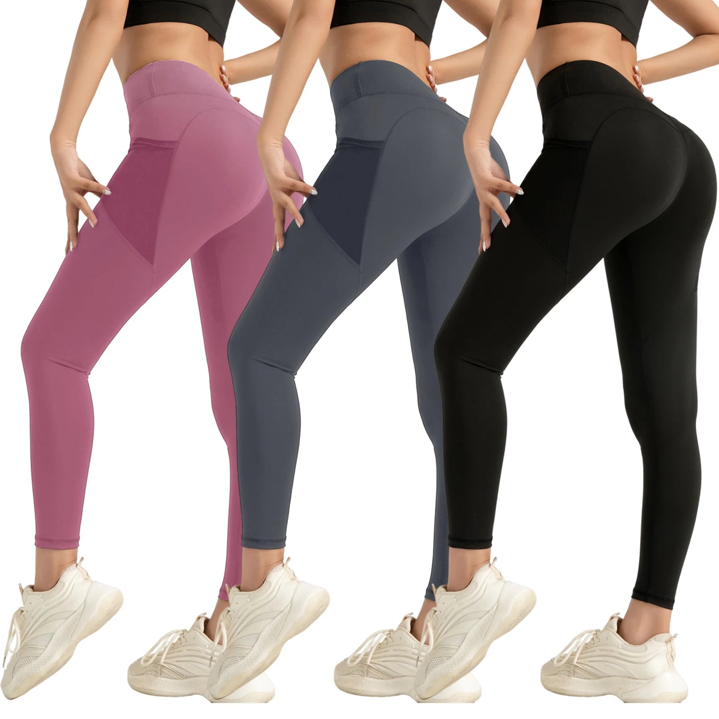 3PCS Women Leggings With Pockets Solid High Waist Yoga Pants Gym Fitness Sports Lady Tummy Control Training Running Leggings