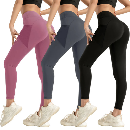 3PCS Women Leggings With Pockets Solid High Waist Yoga Pants Gym Fitness Sports Lady Tummy Control Training Running Leggings