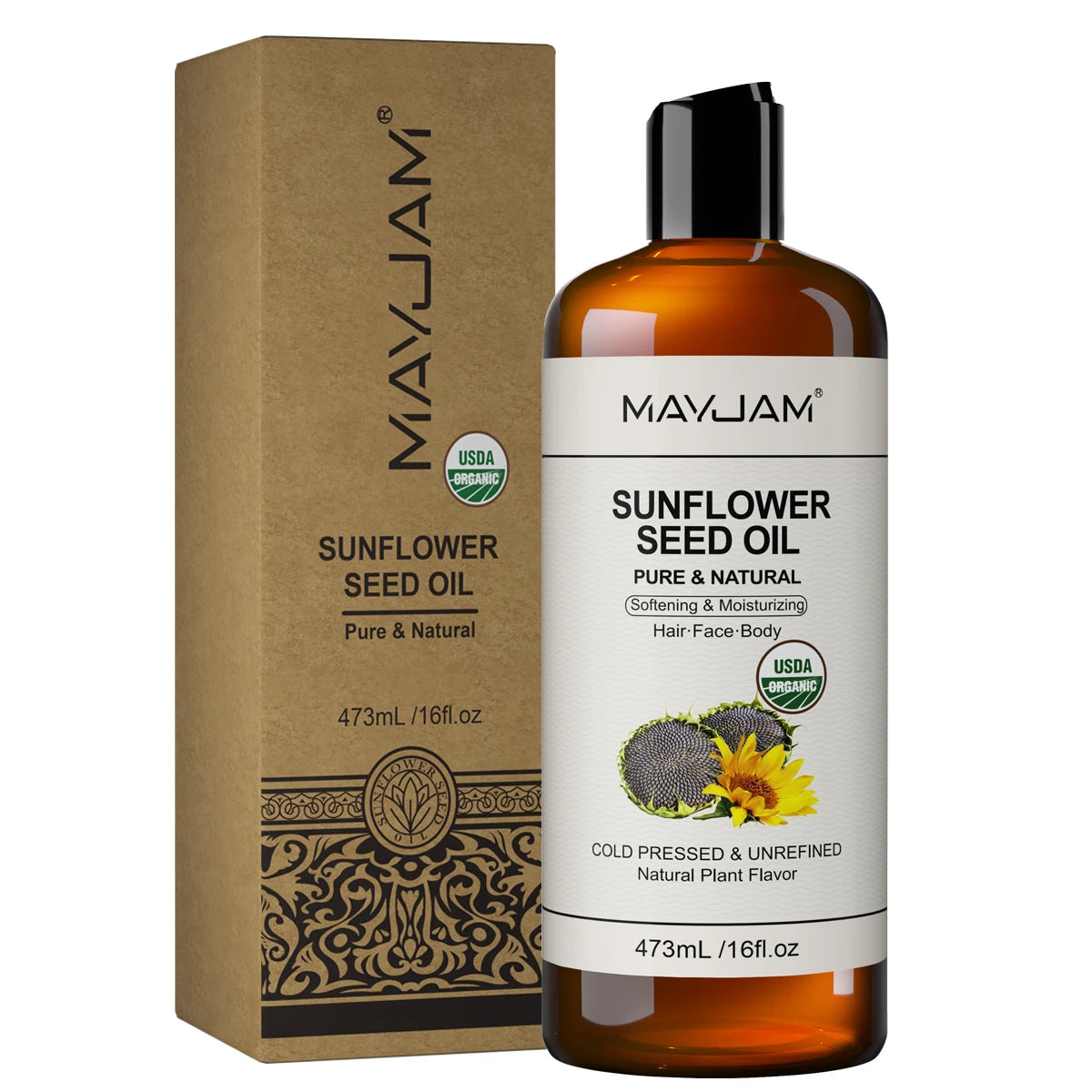 USDA Organic Sunflower Seed for Skin & Hair Cold-Pressed Pure Natural Sweet Almond Moroccan Argan Massage Oil Moisturizing