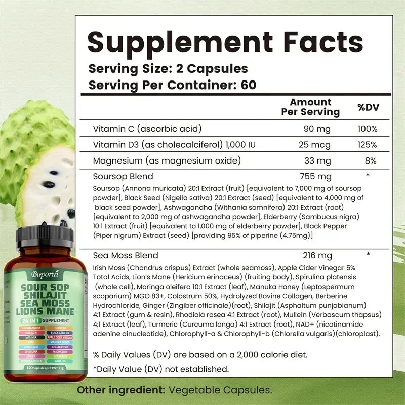 24-In-1 Soursop Supplement - Promote Digestion and Cell Health, Supports Skin, Joint and Bone Health, Strengthens Immunity