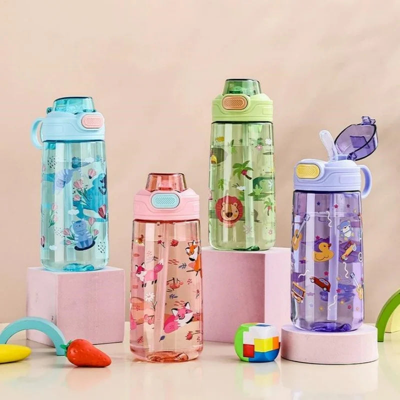 550ml Cartoon Animal Water Bottle Portable Safety Lock Cute Straw Cup Kids Leak-proof Drinking Jug For Outdoor Camping Travel