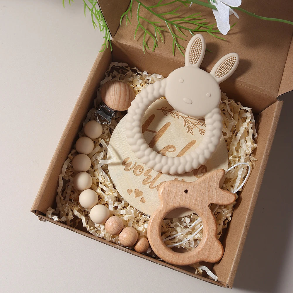 New Born Baby Gift Set Silicone Bunny Teether Wooden Bunny Rattle Photography Props