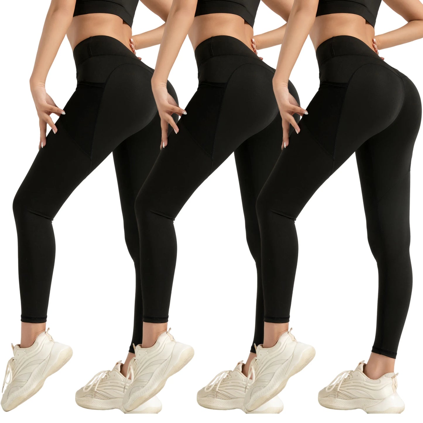 3PCS Women Leggings With Pockets Solid High Waist Yoga Pants Gym Fitness Sports Lady Tummy Control Training Running Leggings