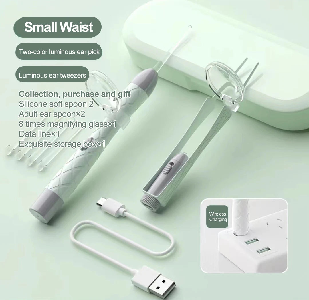 Luminous Ear Spoon Set Ear Wax Removal Cleaning Tweezers LED Light Earpick Nose Clip Children Adults Ear Care Tools Kit USBcharg