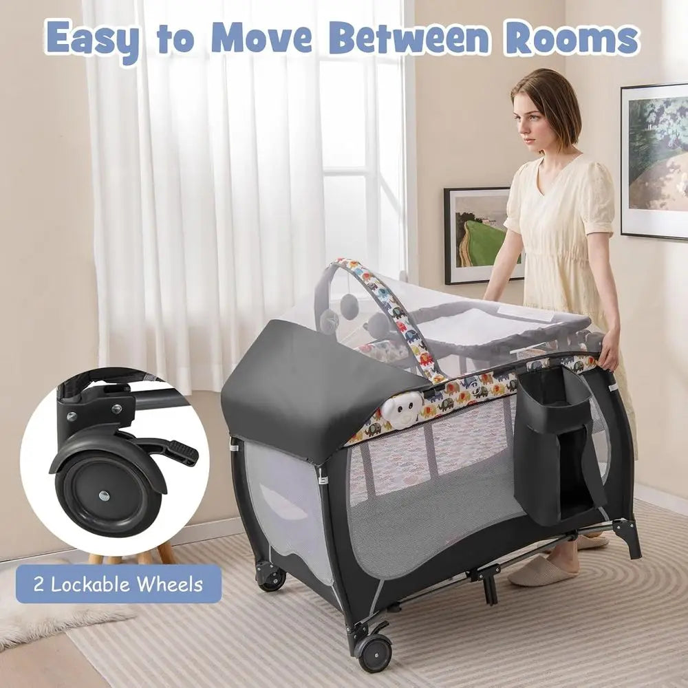 4 in 1 Pack and Play, Portable Baby Playard with Bassinet, Adjustable , Changing Table, Lockable Wheels, Music Box, Travel Baby