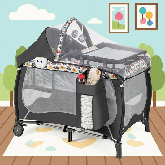 4 in 1 Pack and Play, Portable Baby Playard with Bassinet, Adjustable , Changing Table, Lockable Wheels, Music Box, Travel Baby