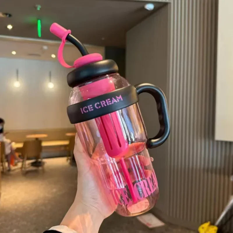 1200ML Sports Water Bottles Summer Plastic Cup Milky Tea Cups Large Capacity Cute Belly Iced Straw Cup Outdoor Travel Kettle